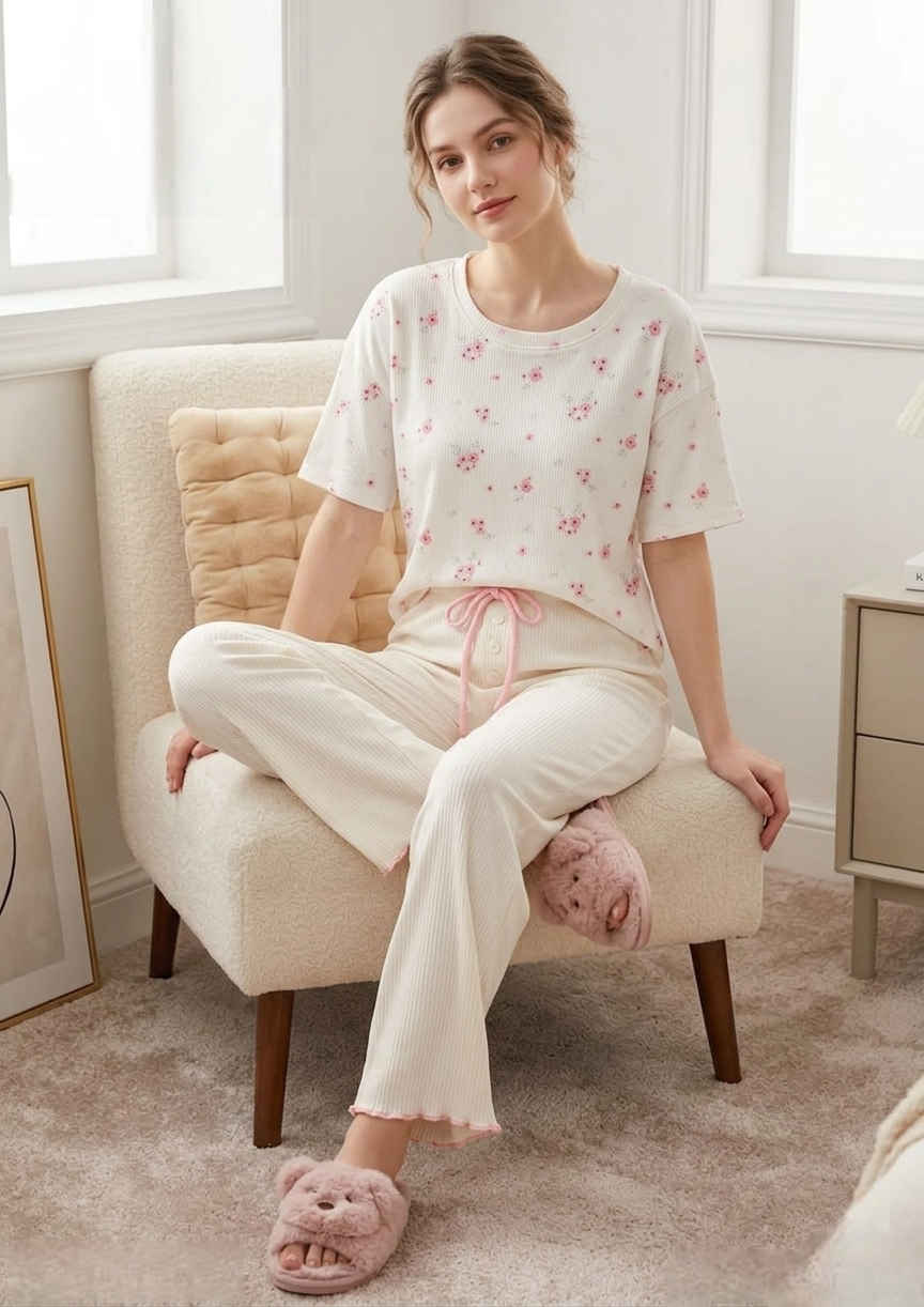 White Ribbed Floral Button