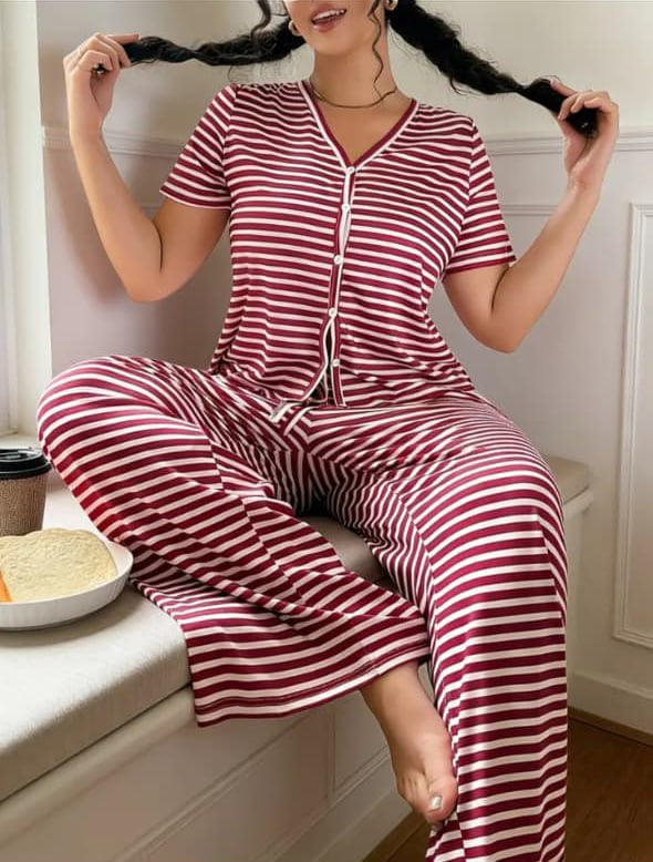 Burgundy & White Stripe Set
